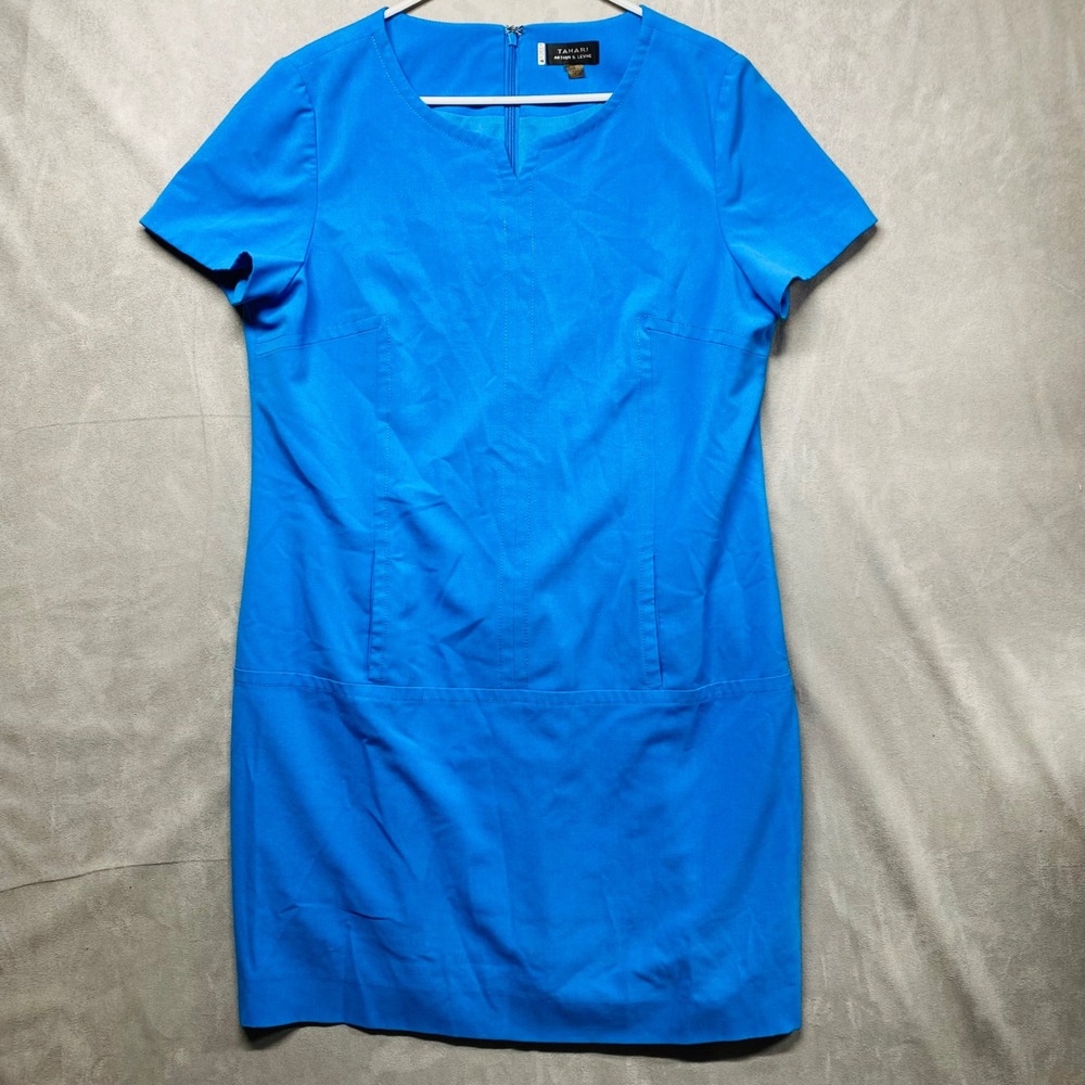 Tahari Arthur S.‎ Levine Blue V-Neck Short Sleeve Knee Length Sheath Dress Sz 14